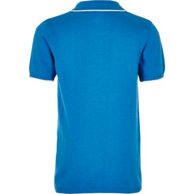Boys blue knitted zip-up neck polo shirt